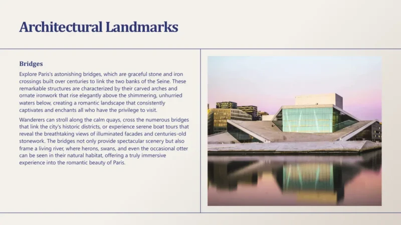 text-box-v1-paris Modern angular building with large glass windows reflected in calm water at sunset.