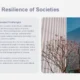 Text slide titled "Historical Resilience of Societies" with a section on Stockholm's challenges and a photo of modern white buildings and leafless trees with red berries.
