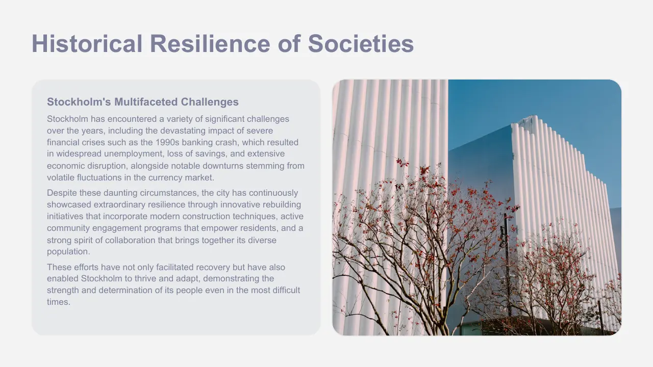 Text slide titled "Historical Resilience of Societies" with a section on Stockholm's challenges and a photo of modern white buildings and leafless trees with red berries.