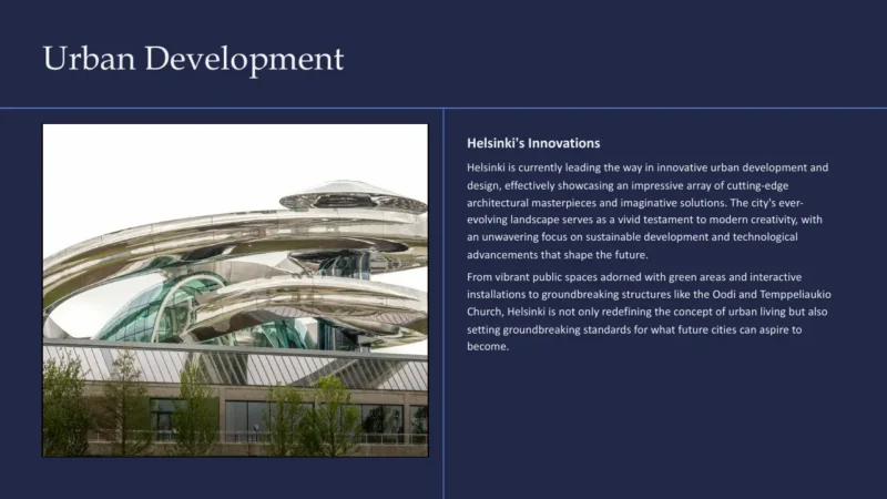 text-box-v2 Modern reflective metallic architectural structure with curved design elements and greenery below.
