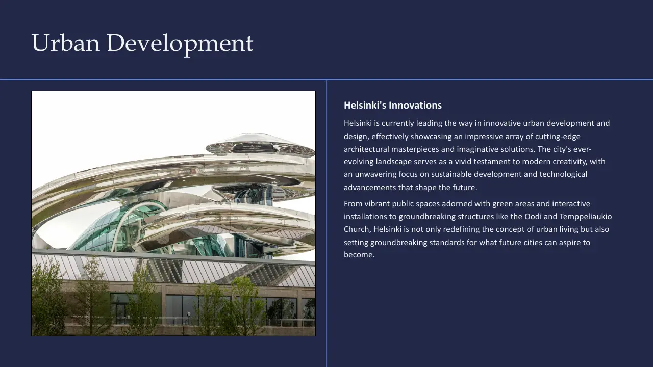 Modern reflective metallic architectural structure with curved design elements and greenery below.