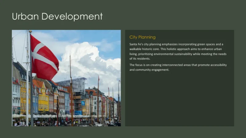 text-box-v2-santa-fe Harbor scene with colorful buildings, boats, and Danish flag under a partly cloudy sky.