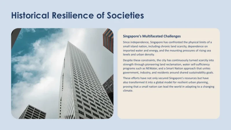 text-box-v2-singapore Alt text: Modern high-rise buildings under a partly cloudy sky beside text about Singapore's resilience and urban planning challenges.
