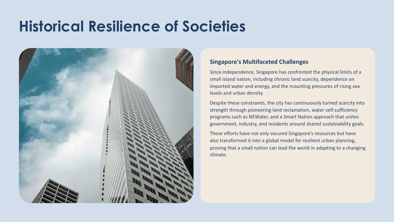 Alt text: Modern high-rise buildings under a partly cloudy sky beside text about Singapore's resilience and urban planning challenges.