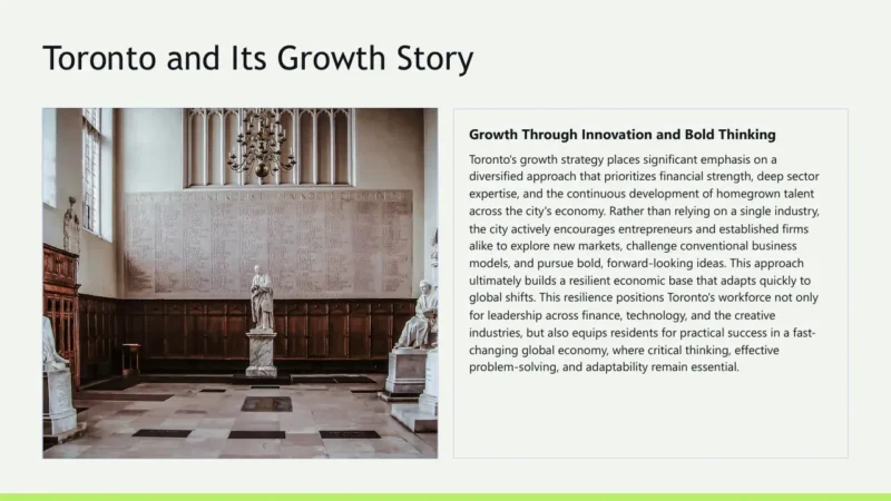 text-box-v2-toronto Formal room with marble statues and a large engraved wall, accompanied by text about Toronto's growth strategy.