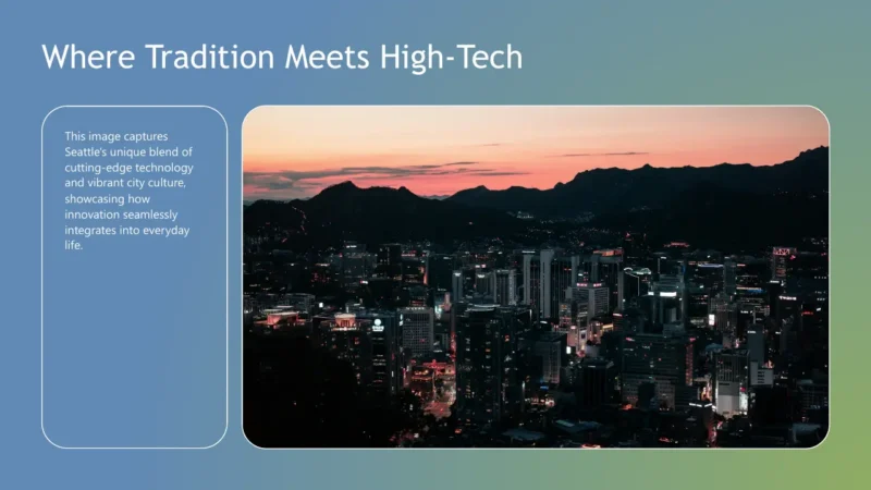text-box-v3 Cityscape at dusk with illuminated skyscrapers and silhouetted mountains under a colorful sky.