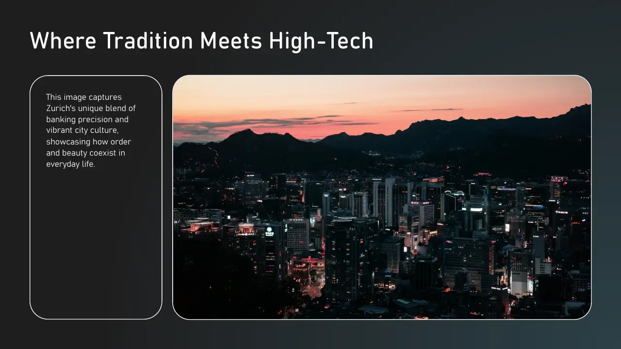 Nighttime cityscape with illuminated skyscrapers under a pink and orange sunset sky.