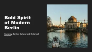 View of Berlin's historic Bode Museum and TV Tower with a boat on the Spree River at sunset.