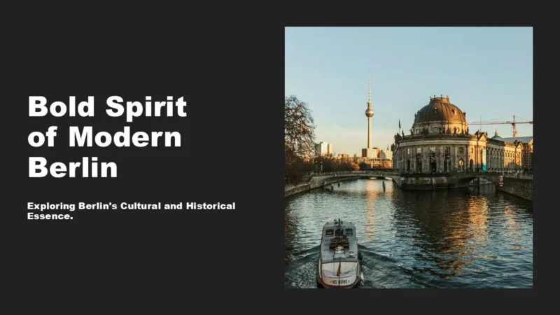 text-hero-berlin-grey View of Berlin's historic Bode Museum and TV Tower with a boat on the Spree River at sunset.