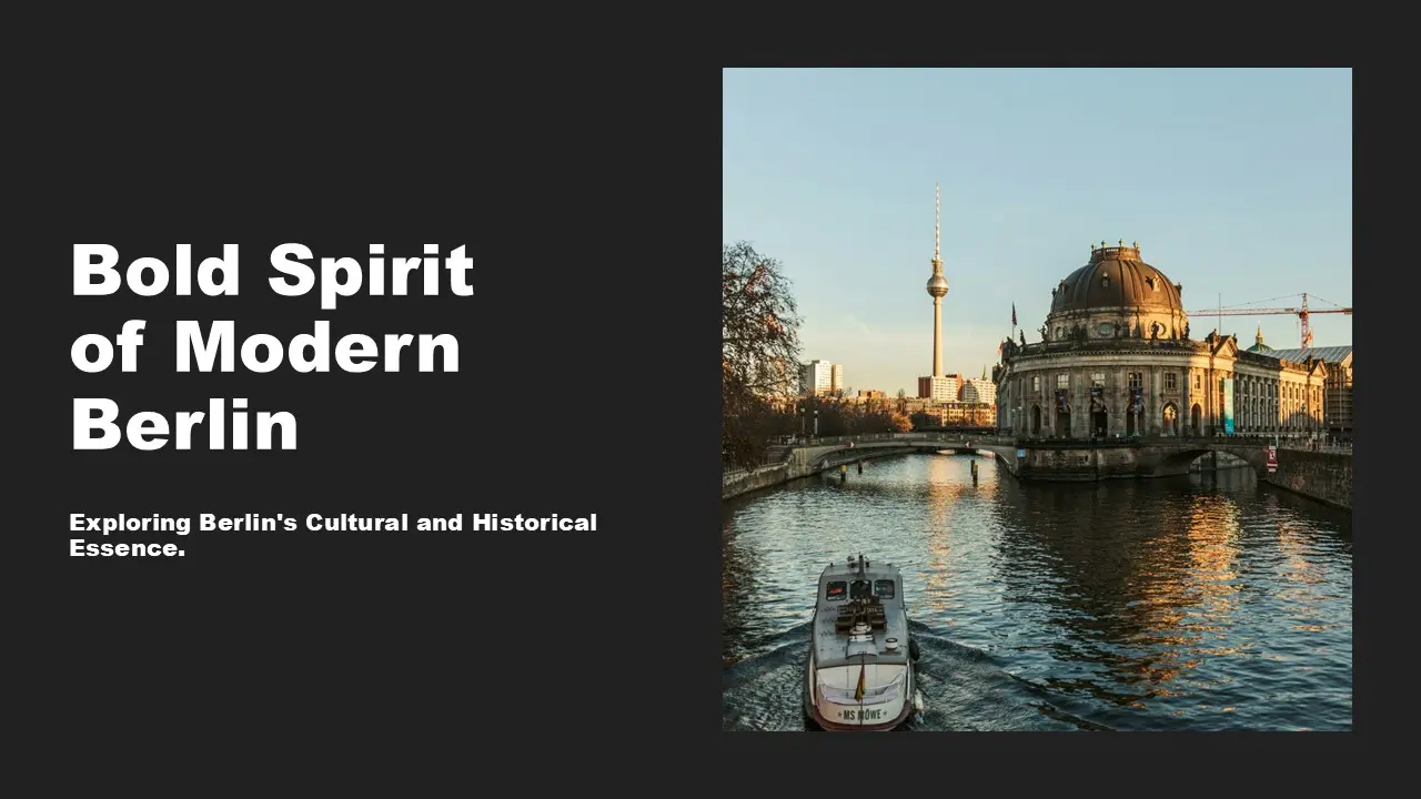 View of Berlin's historic Bode Museum and TV Tower with a boat on the Spree River at sunset.