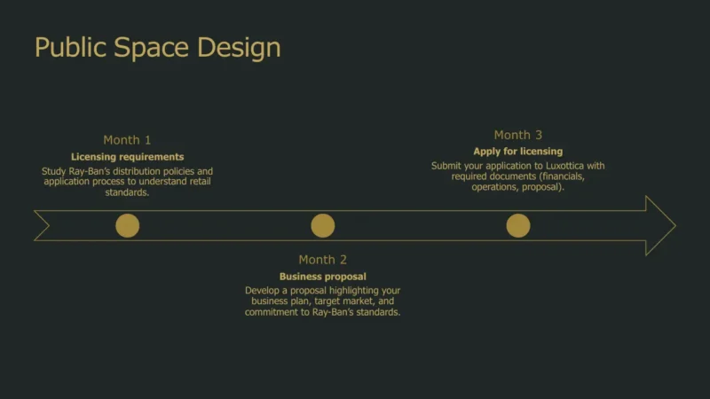 timeline-doha Timeline diagram titled "Public Space Design" with three milestones for Months 1 to 3 in gold text on a dark background.