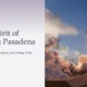 Split image with text on left reading "Bold Spirit of Modern Pasadena" and a rocket launching with smoke and flames on the right.