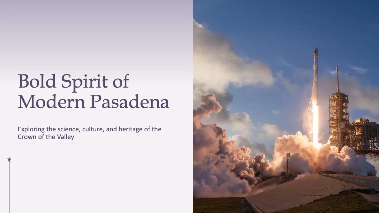 Split image with text on left reading "Bold Spirit of Modern Pasadena" and a rocket launching with smoke and flames on the right.