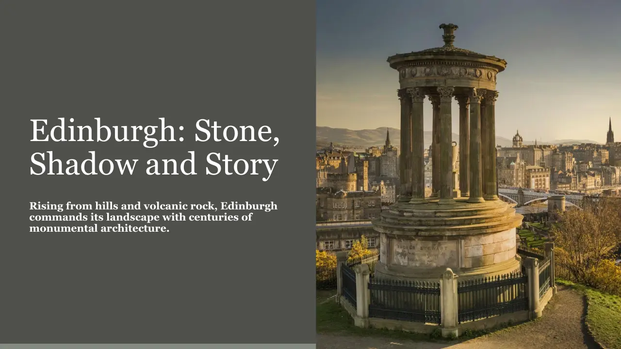 View of Edinburgh cityscape at sunset with the Dugald Stewart Monument in foreground.