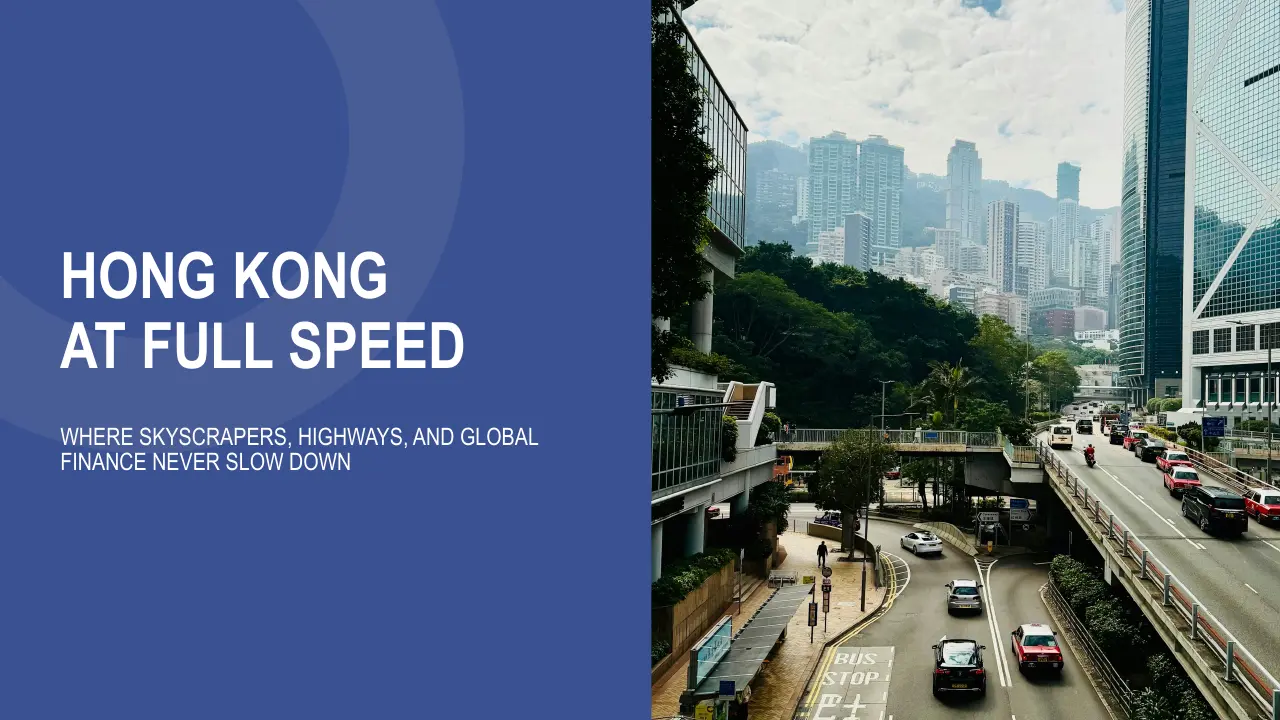 Urban highway in Hong Kong with vehicles, skyscrapers, greenery, and cloudy sky.