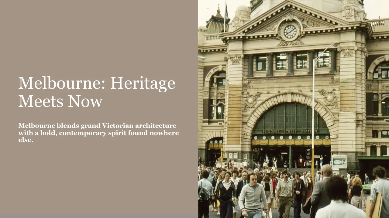 Flinders Street Station facade with Victorian architecture and crowd of pedestrians.