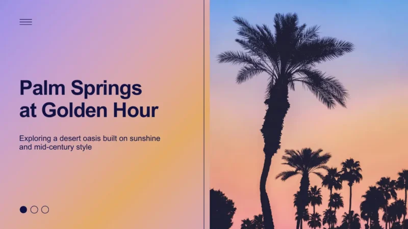 title-palm-springs Sunset silhouette of palm trees against a gradient sky with text about Palm Springs.