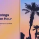 Sunset silhouette of palm trees against a gradient sky with text about Palm Springs.