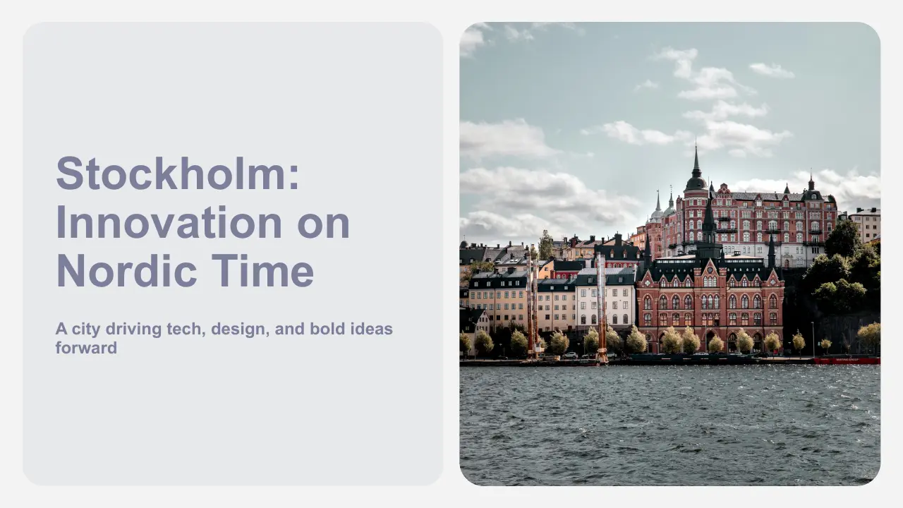 Left side text reading "Stockholm: Innovation on Nordic Time" and a waterfront view of historic buildings under a partly cloudy sky on the right.