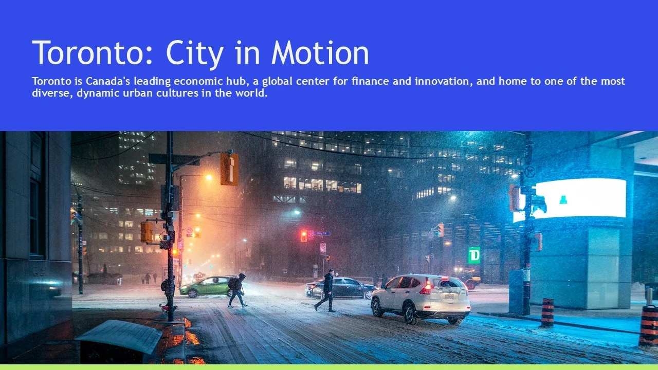 Nighttime snowy street scene in Toronto with pedestrians, vehicles, and illuminated buildings.