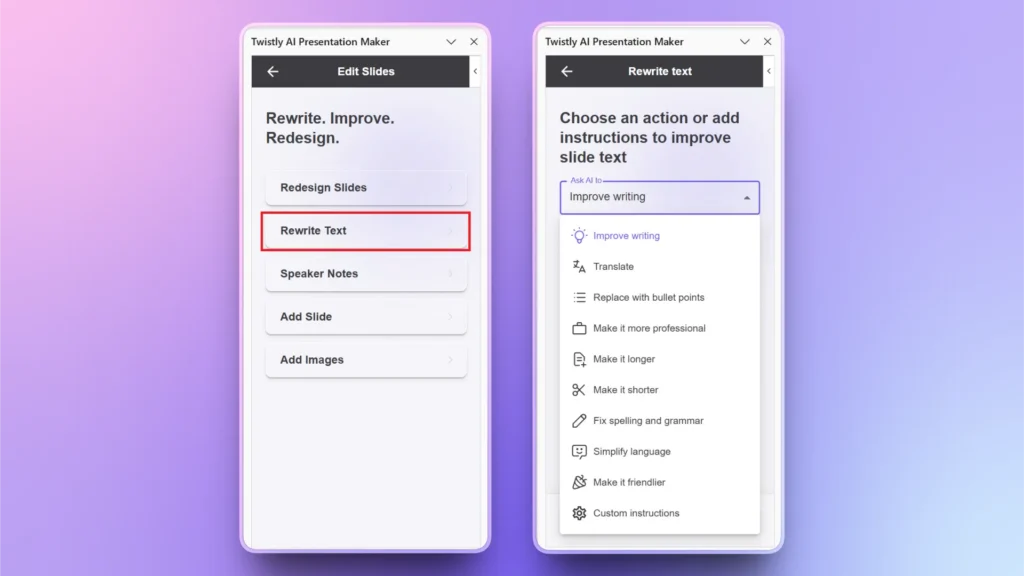 Two smartphone screens showing the Twistly AI Presentation Maker app with options to rewrite text and improve slide content.