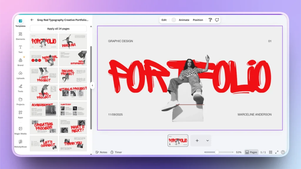 Graphic design portfolio template on a digital editing interface with red text and grayscale images.