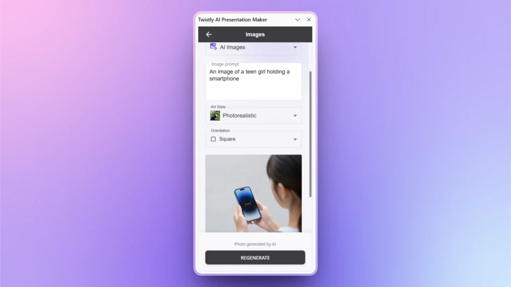 Screenshot of Twistly AI Presentation Maker interface with a photorealistic image of a teen girl holding a smartphone.