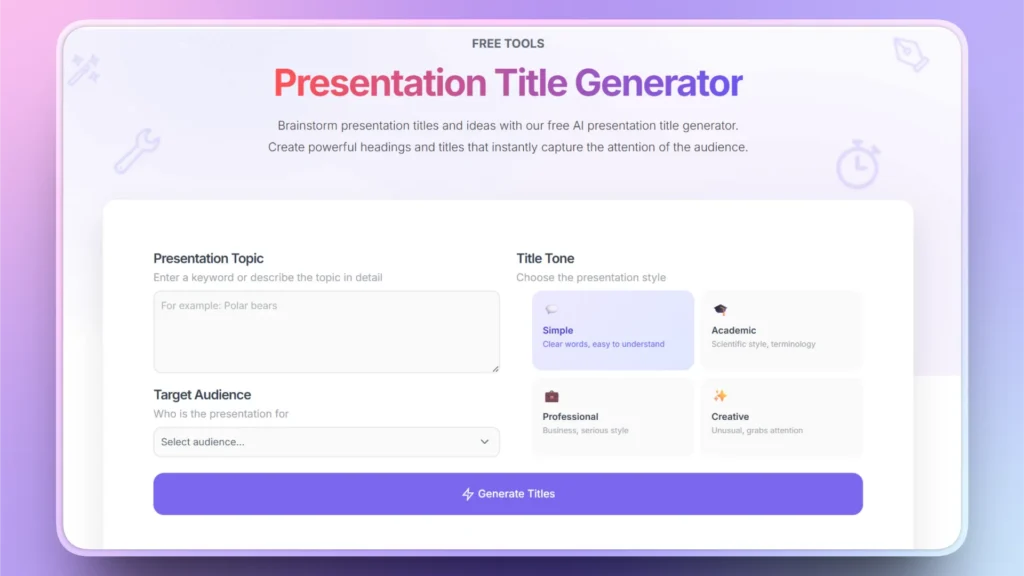 Screenshot of a Presentation Title Generator webpage with input fields and tone selection options.