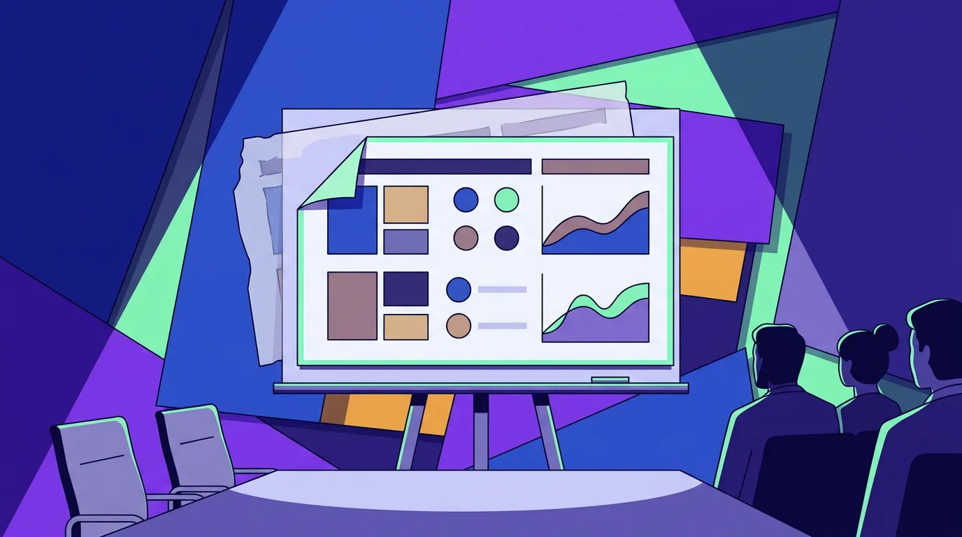 Illustration of a business presentation with charts and graphs, attended by three people.