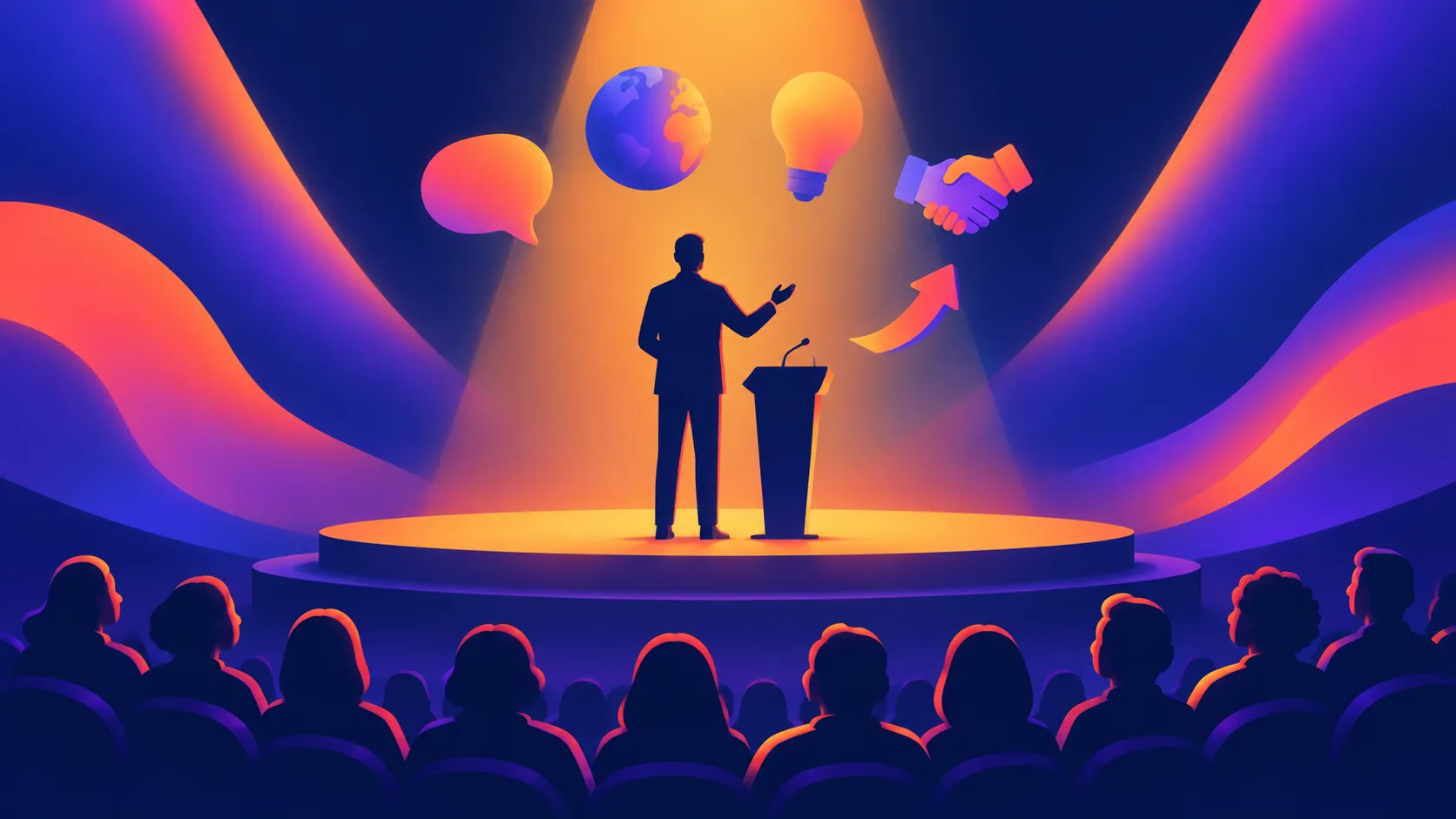 Silhouetted speaker on stage addressing audience with icons of communication, globe, lightbulb, handshake.