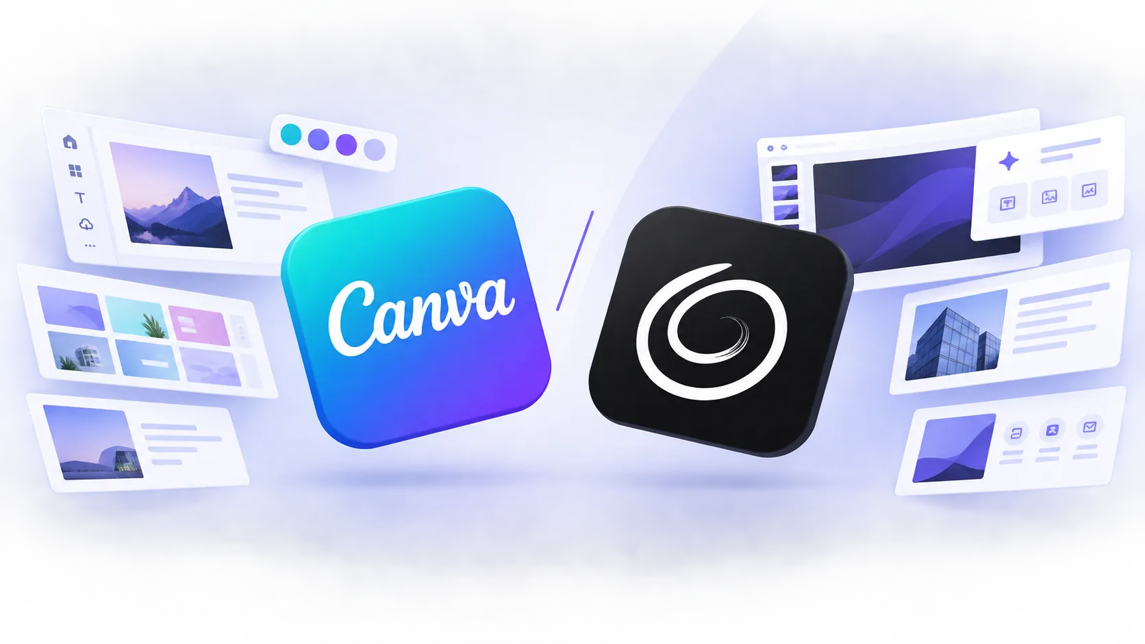 Logos of Canva and another design software with floating interface elements and images.