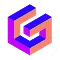 3D geometric shape resembling an interlocking purple and orange letter G on a black background.