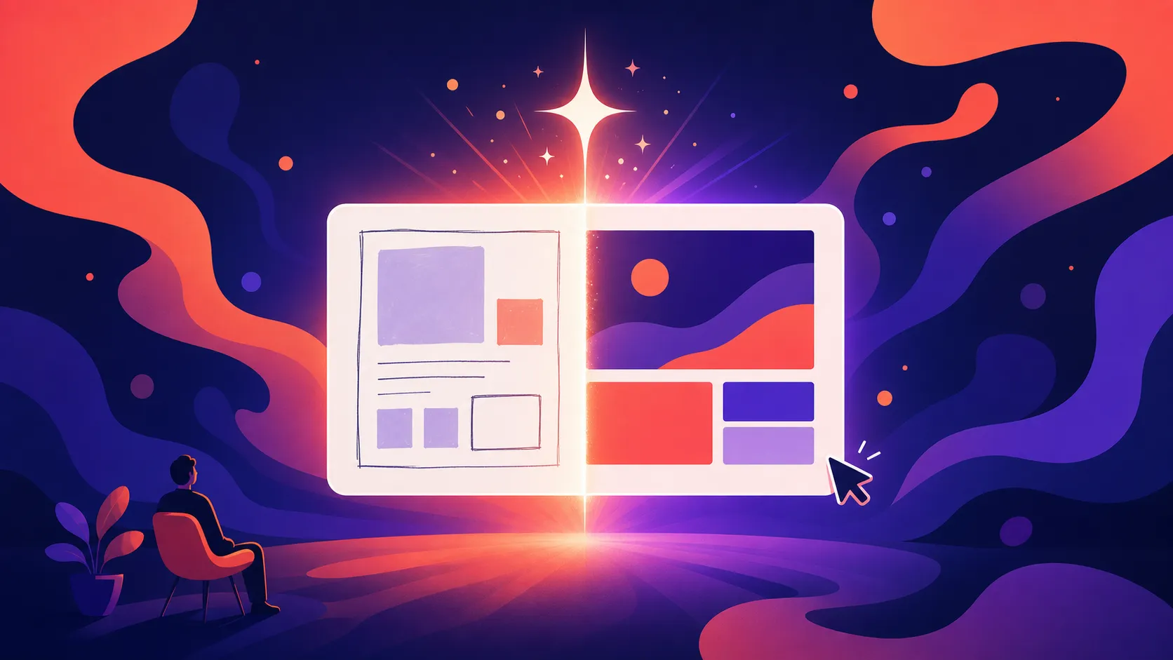 Illustration of a person seated, viewing a glowing digital screen split between wireframe and colorful design.