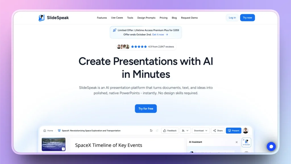 Website homepage of SlideSpeak featuring AI-powered presentation creation, navigation menu, user ratings, and call-to-action buttons.