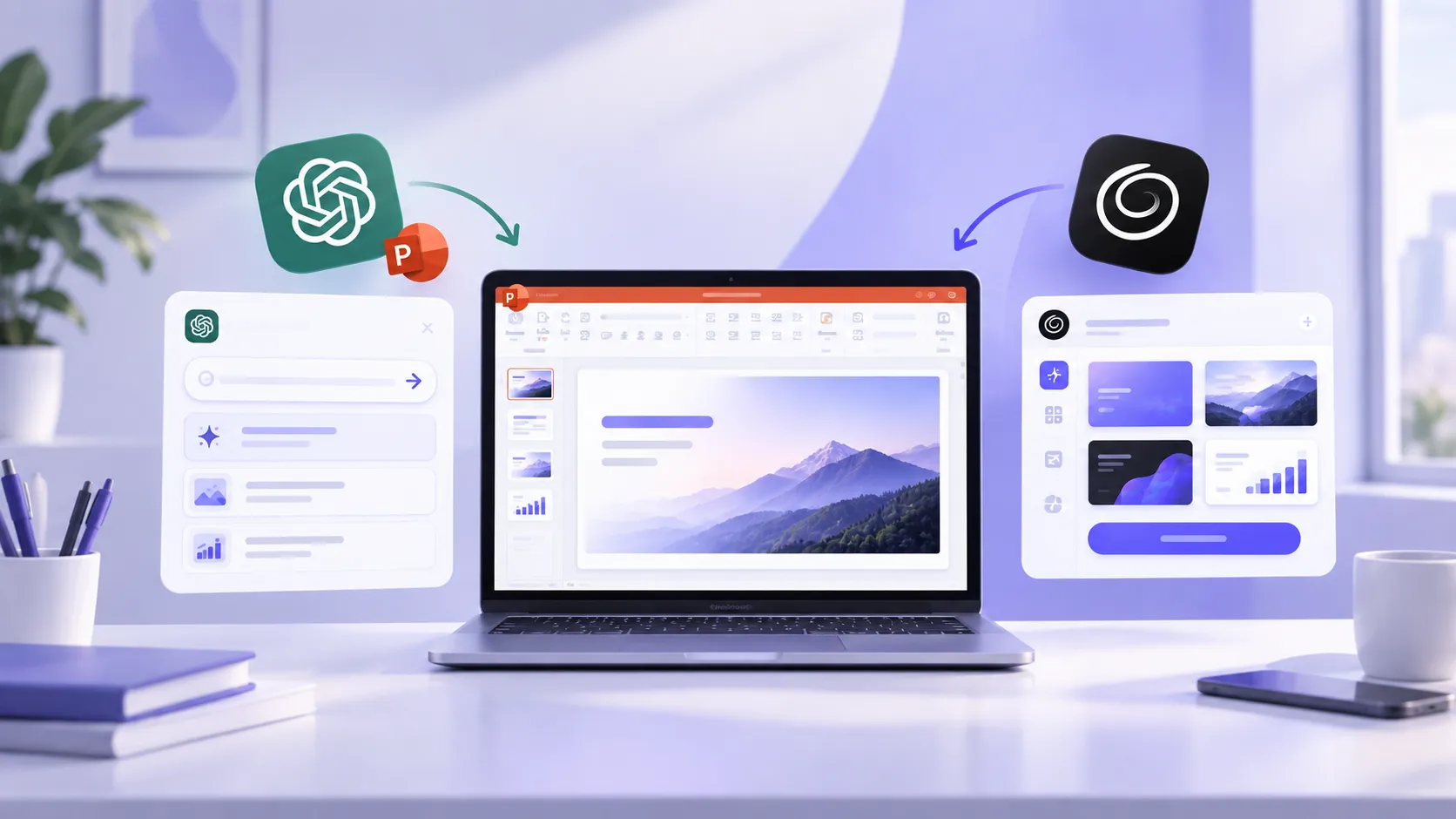 Laptop on a desk displaying a PowerPoint presentation with AI integration icons and interface elements.