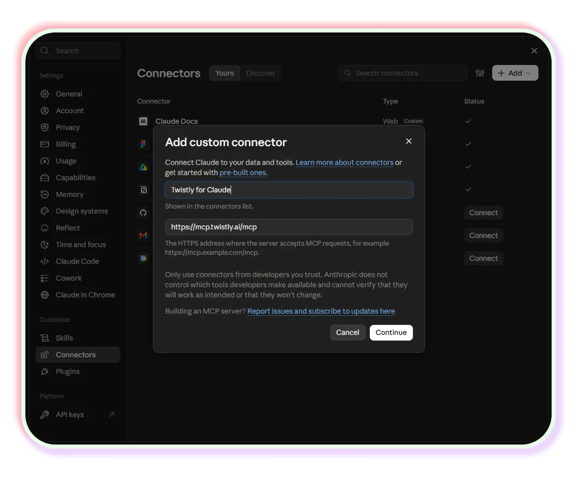 User interface window showing the "Add custom connector" form with fields for name and URL.