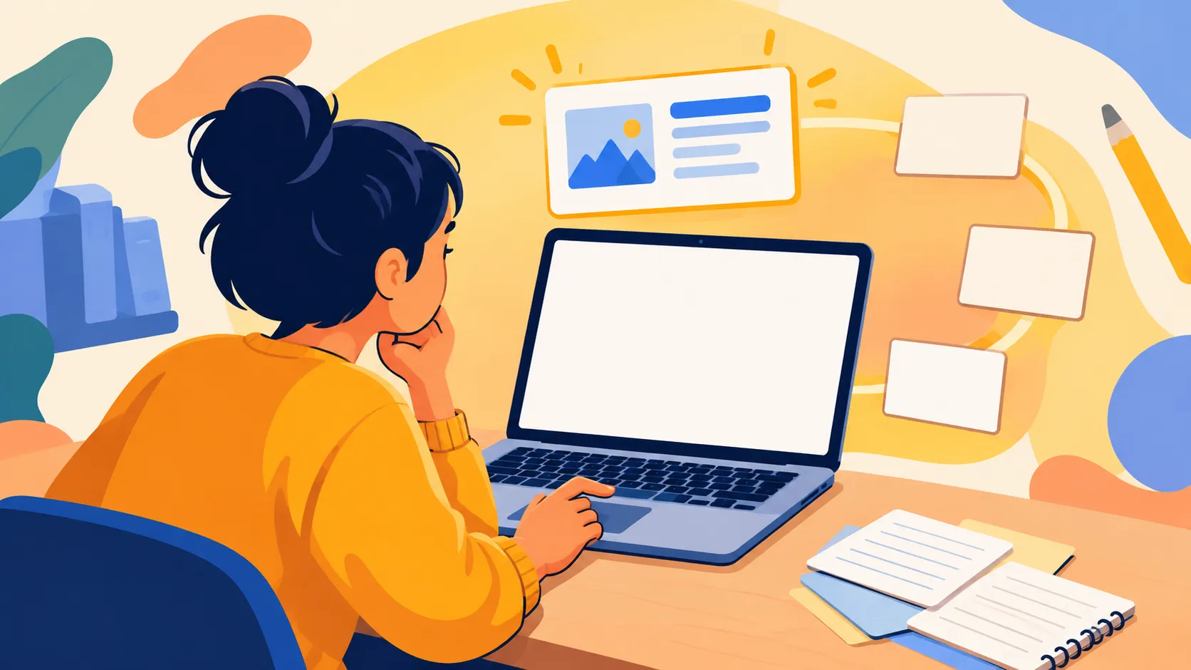 Ilustración de una mujer con un jersey naranja usando un portátil en un escritorio con cuadernos y elementos de interfaz digital flotantes.