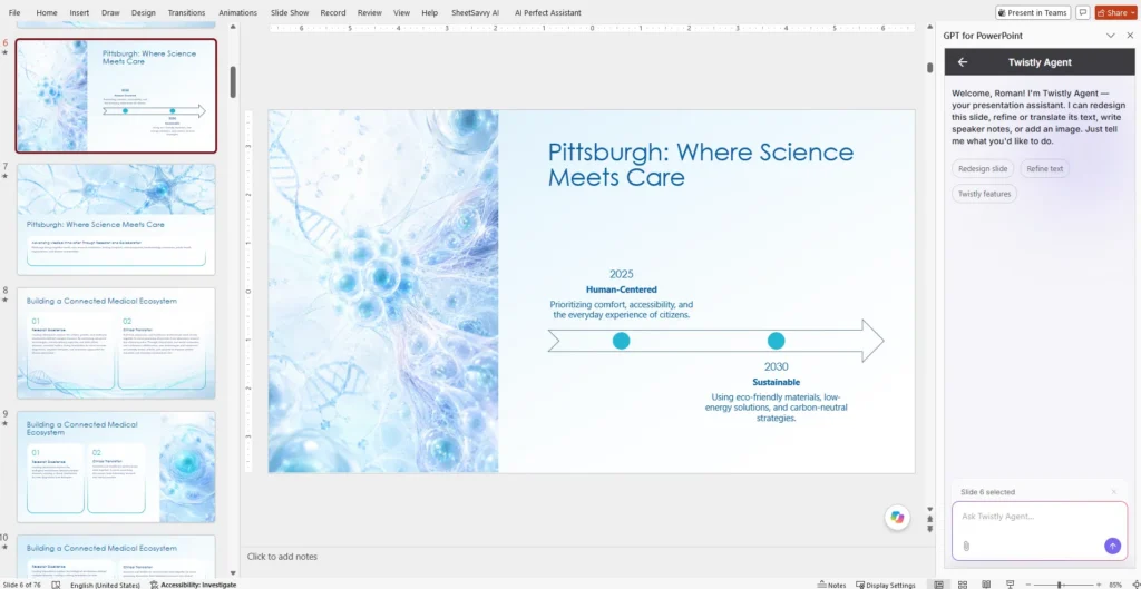 PowerPoint slide titled "Pittsburgh: Where Science Meets Care" with a blue DNA and cell structure background.