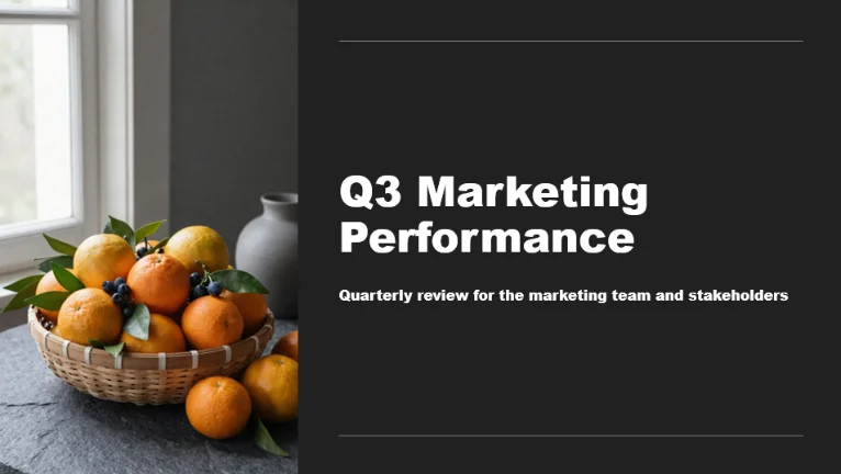 AI-generated marketing presentation slide titled Q3 Marketing Performance, with a basket of oranges beside a dark panel