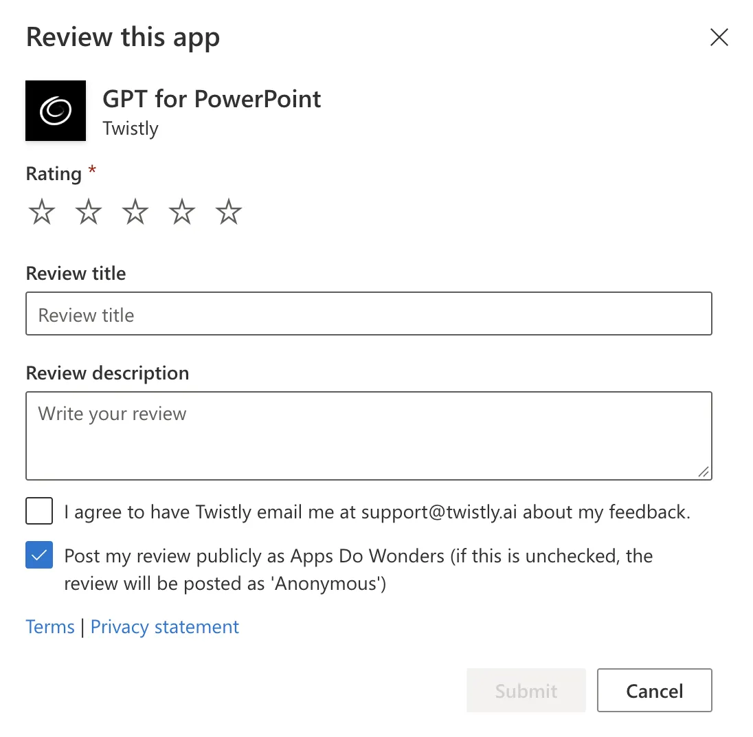 AppSource Review this app dialog showing the Review title field and the Post my review publicly as checkbox