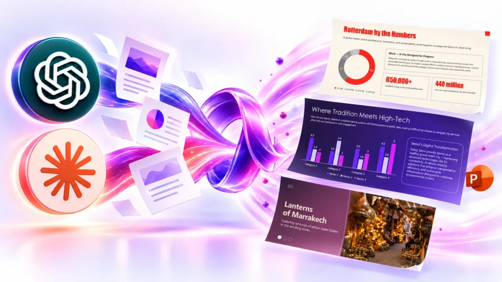 Digital data transformation concept with OpenAI and Microsoft PowerPoint logos, charts, and infographics.