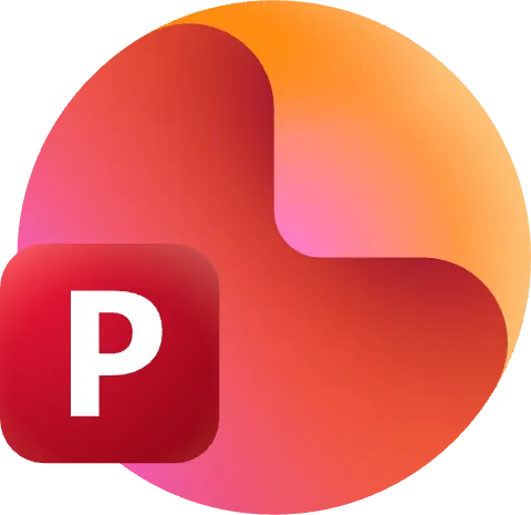 Abstract circular logo with a gradient of red, orange, and pink hues, featuring a white letter "P" on a red square background.