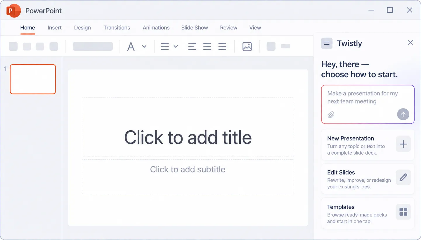 Screenshot of a PowerPoint slide with a Twistly sidebar offering presentation creation options.