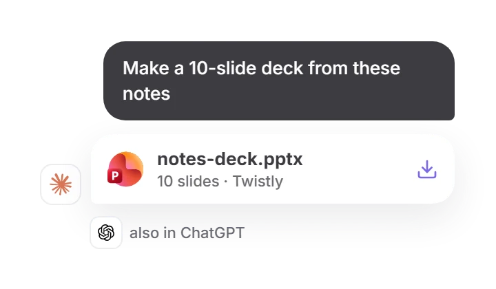 Claude chat returning an editable notes-deck.pptx made by Twistly
