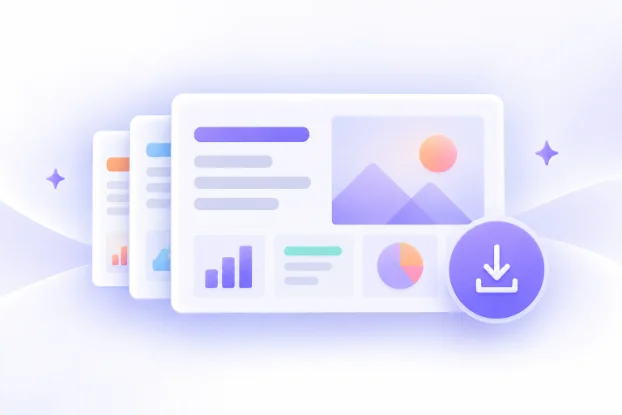 Illustration of layered digital dashboard cards with charts, text, image, and download icon.
