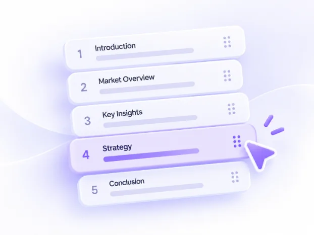 Menu interface with five options: Introduction, Market Overview, Key Insights, Strategy highlighted, and Conclusion.