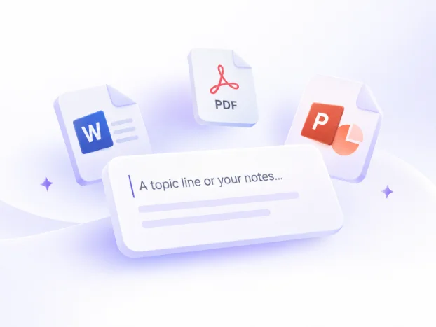 Icons of Word, PDF, and PowerPoint documents floating above a text box with placeholder text.