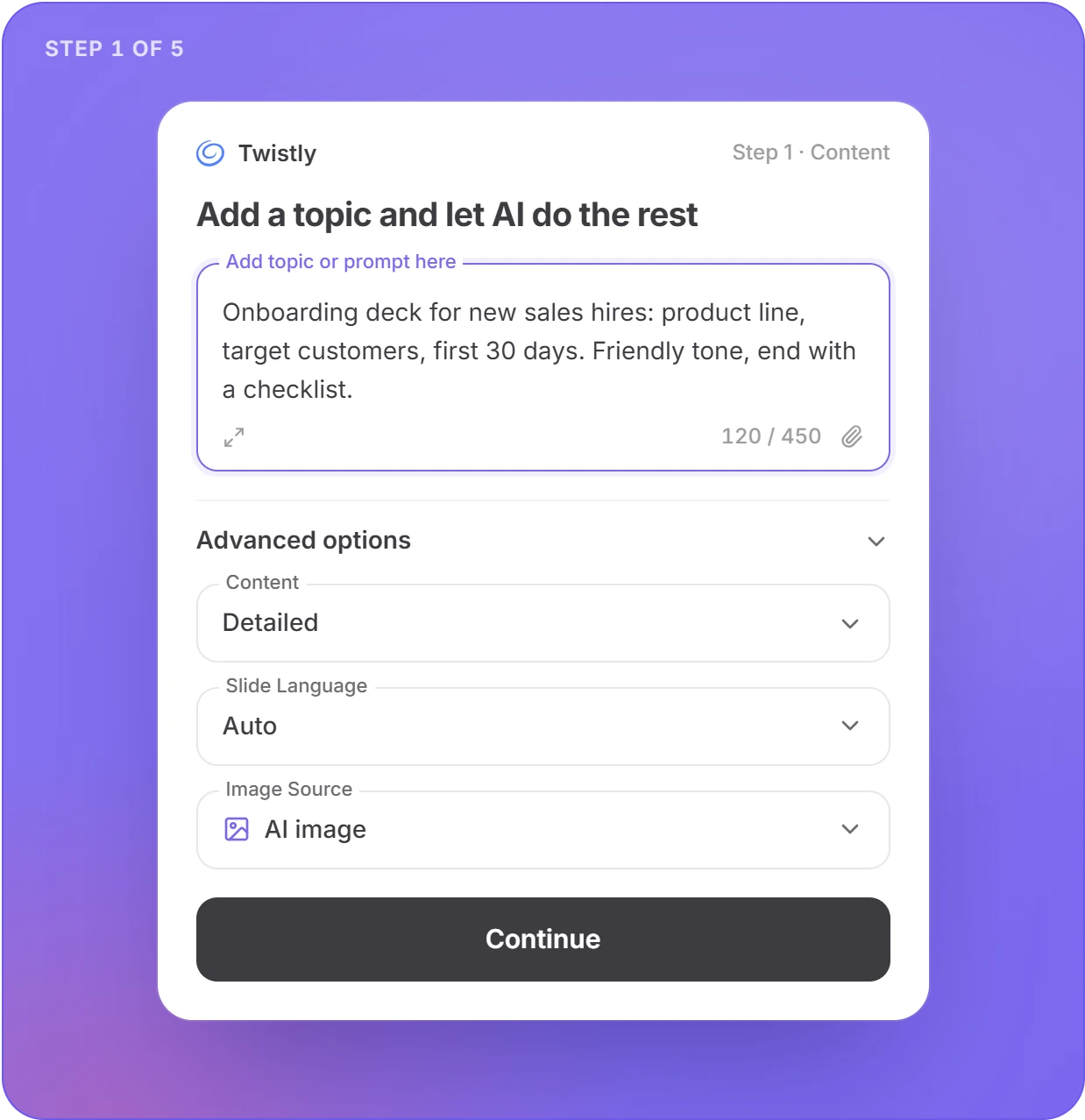 Twistly task pane, step 1 of 5: a topic prompt field, advanced options and a Continue button