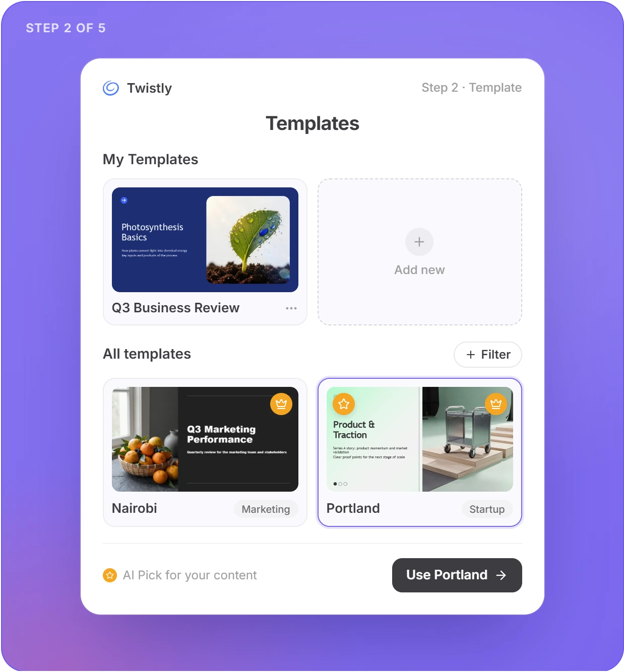 Twistly task pane, step 2 of 5: template picker with My Templates, All templates and an AI Pick badge