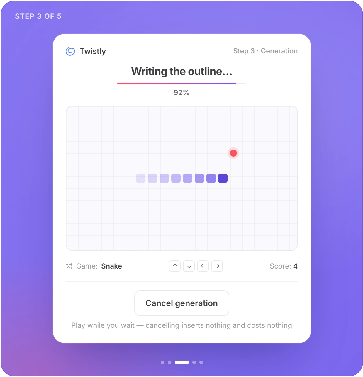 Twistly task pane, step 3 of 5: generation progress bar with a Snake game to play while waiting